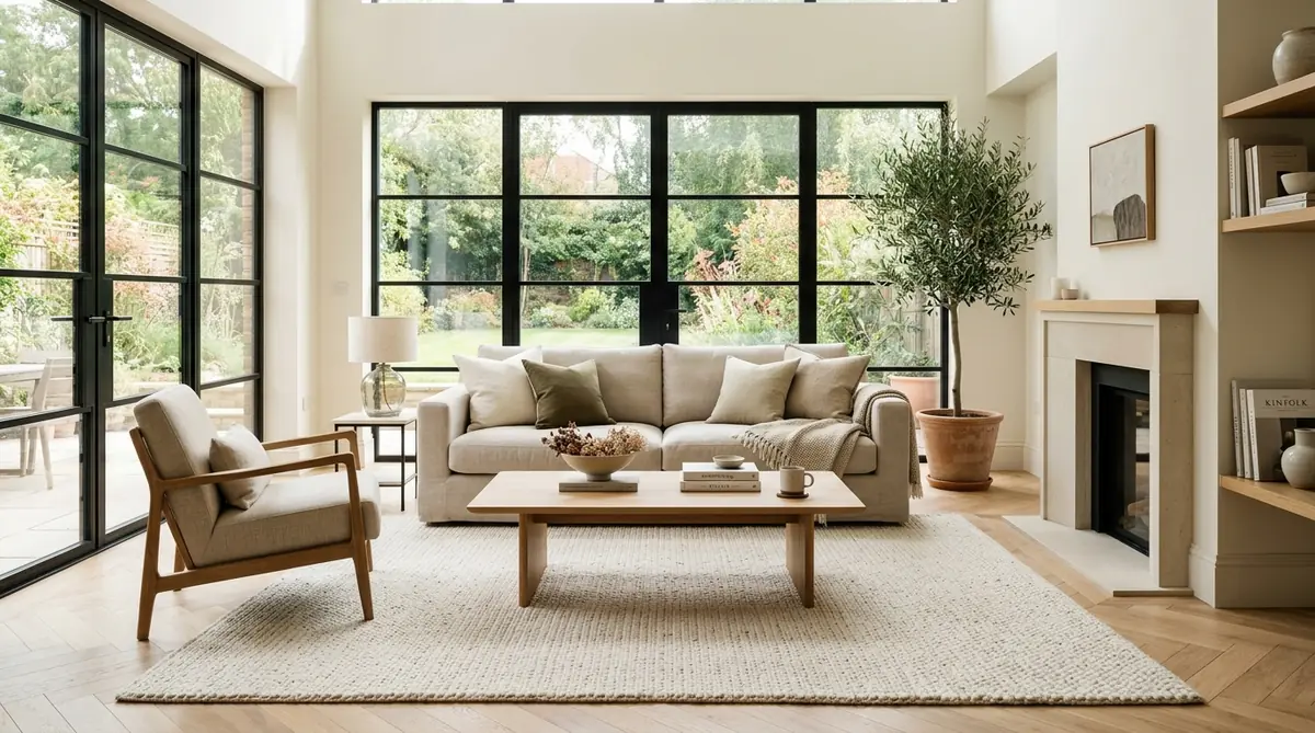 Non toxic area rugs living room setup with natural wool rug and oak furniture