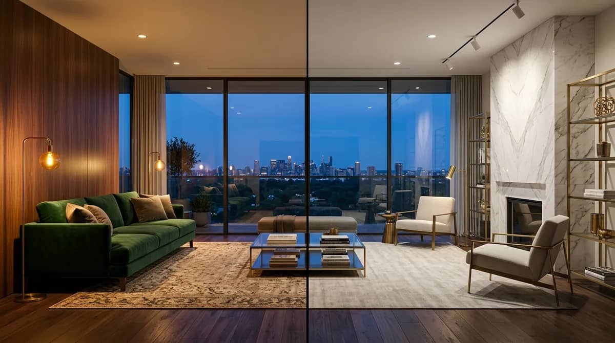 Side-by-side architectural illumination comparison of cozy golden 2700K vs crisp clean 3000K lighting in modern living room