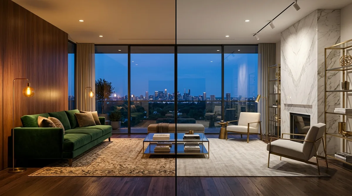 Side-by-side architectural illumination comparison of cozy golden 2700K vs crisp clean 3000K lighting in modern living room