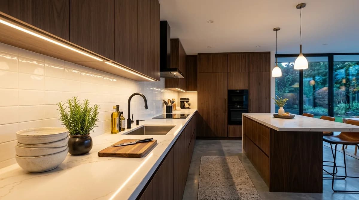 Warm under cabinet LED strip lighting installed near the front edge of kitchen wall cabinets