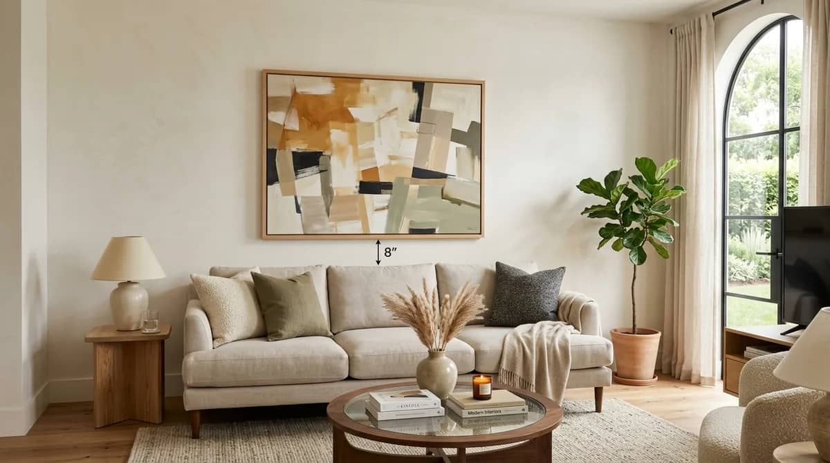 How high to hang art over a sofa with 8 inches of clearance above cushions in a modern living room