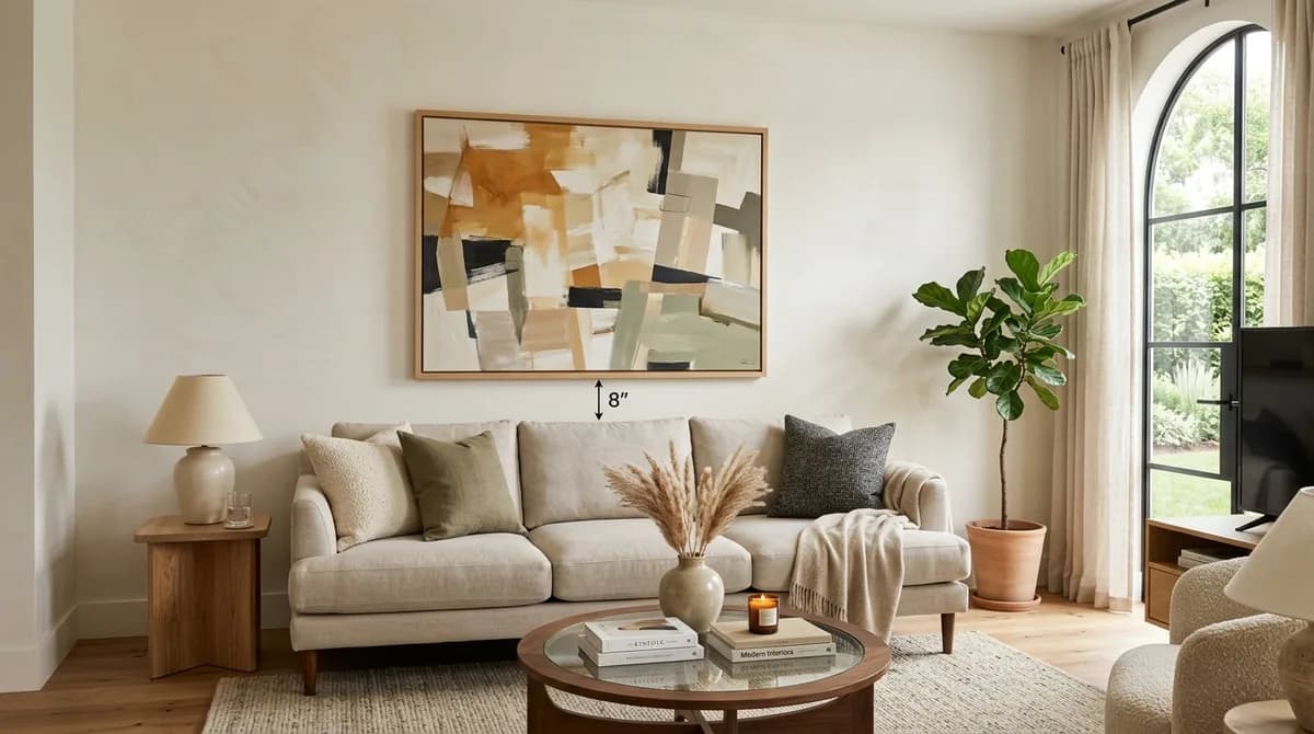 How high to hang art over a sofa with 8 inches of clearance above cushions in a modern living room