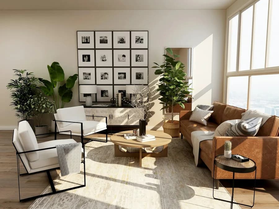 Modern living room styled with 60-30-10 color rule featuring neutral cream sofa, caramel leather accents, and green pillows