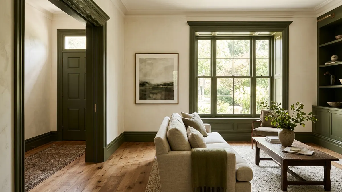 Contrasting deep olive satin baseboards and window trim against warm cream walls in an architectural living room