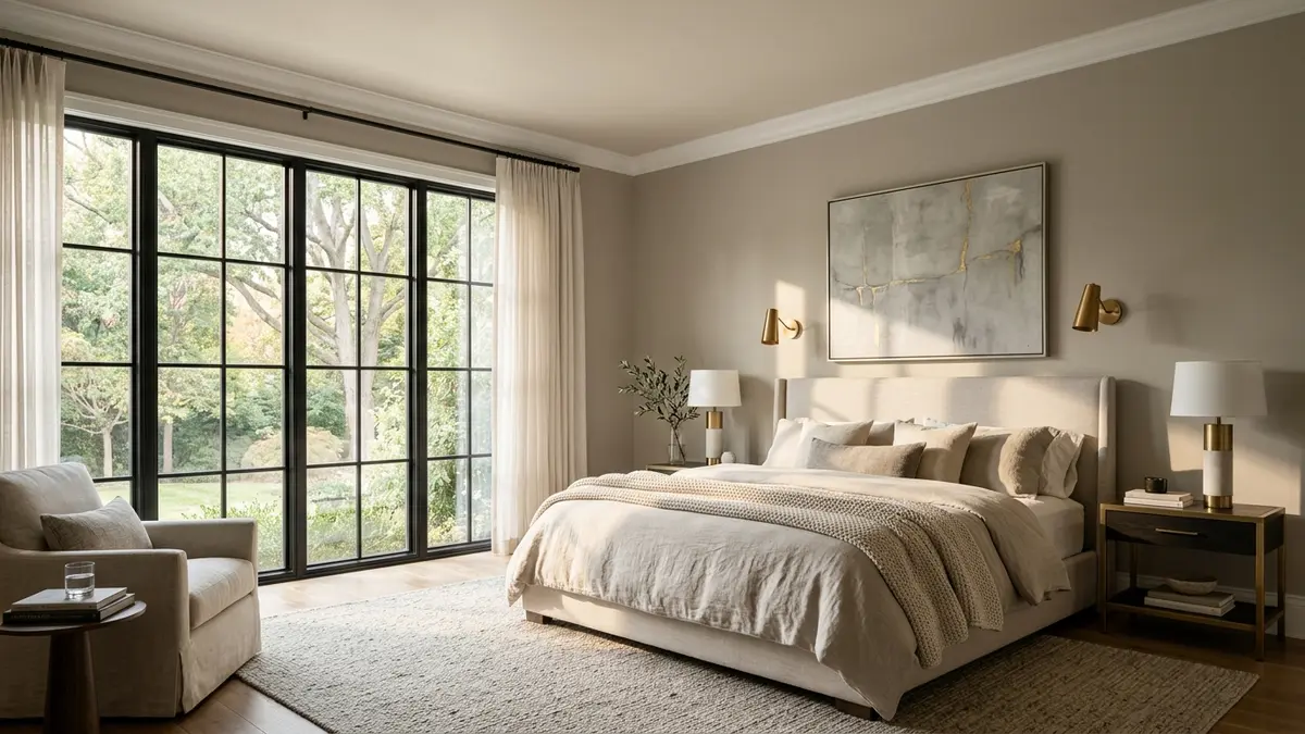 Luxurious bedroom featuring warm greige walls and a soft ceiling tinted to fifty percent of wall color formula