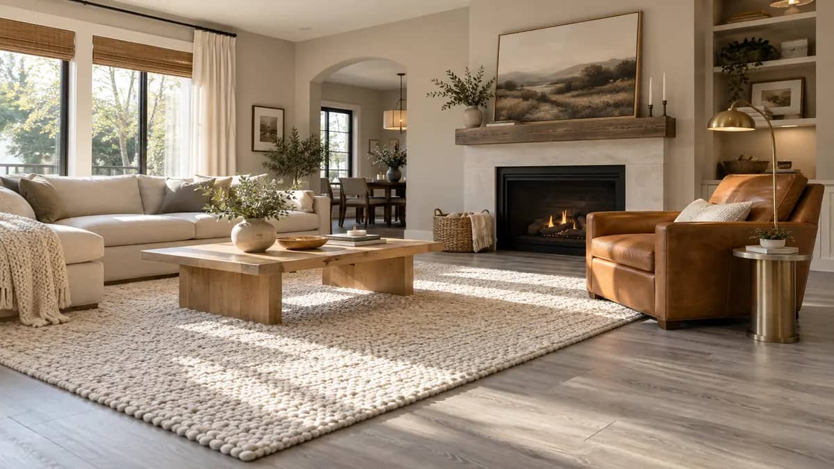 Warm greige living room with grey luxury vinyl flooring, cream rug, caramel chair, and oak table