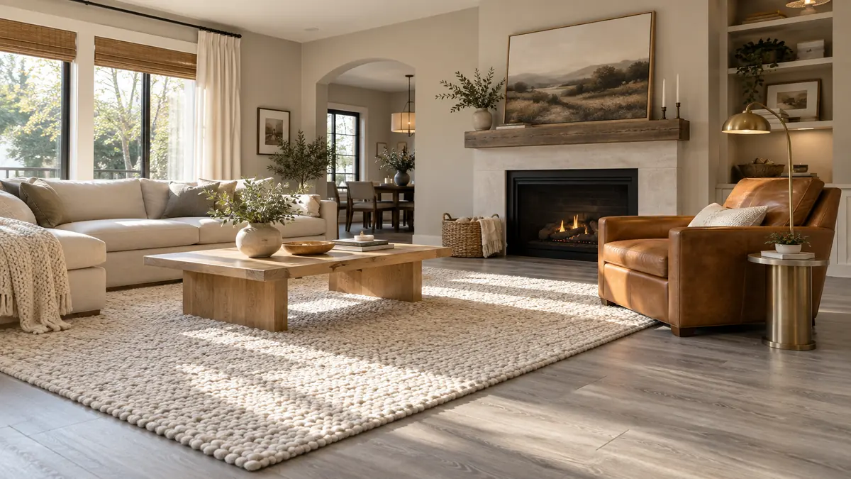 Warm greige living room with grey luxury vinyl flooring, cream rug, caramel chair, and oak table