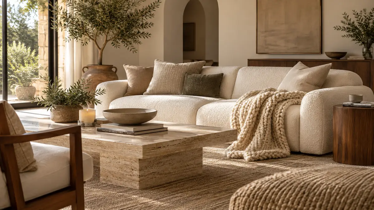 Warm neutral living room with boucle sofa, linen pillows, wool throw, travertine table, and walnut furniture