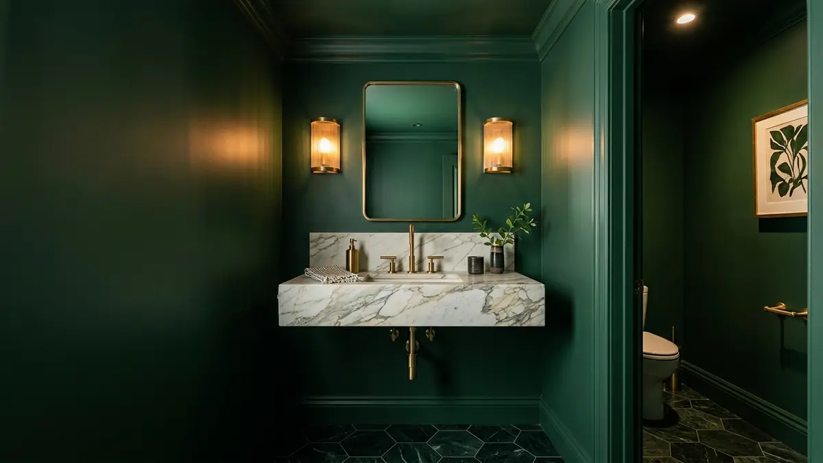 Dramatic deep forest green color drenched powder room with floating marble vanity and brass sconces