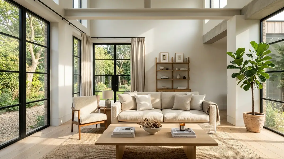 Sun-drenched living room with south-facing windows and soft neutral walls without yellow glare