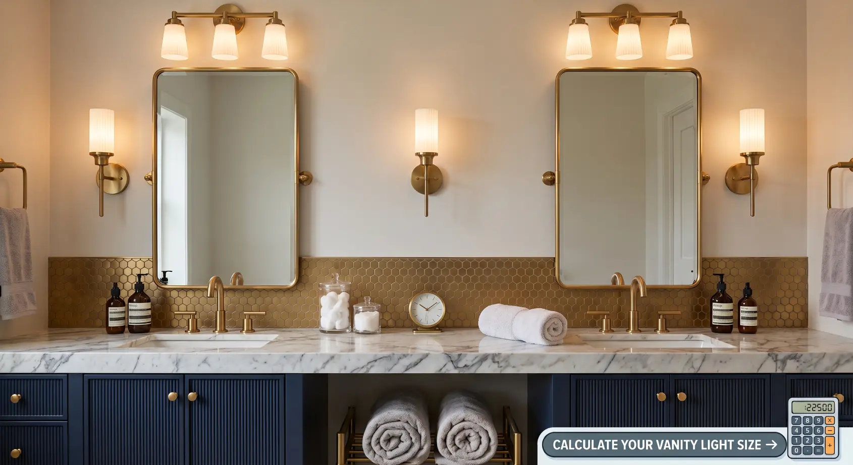 Bathroom vanity light sized to mirror width with balanced warm lighting above the sink
