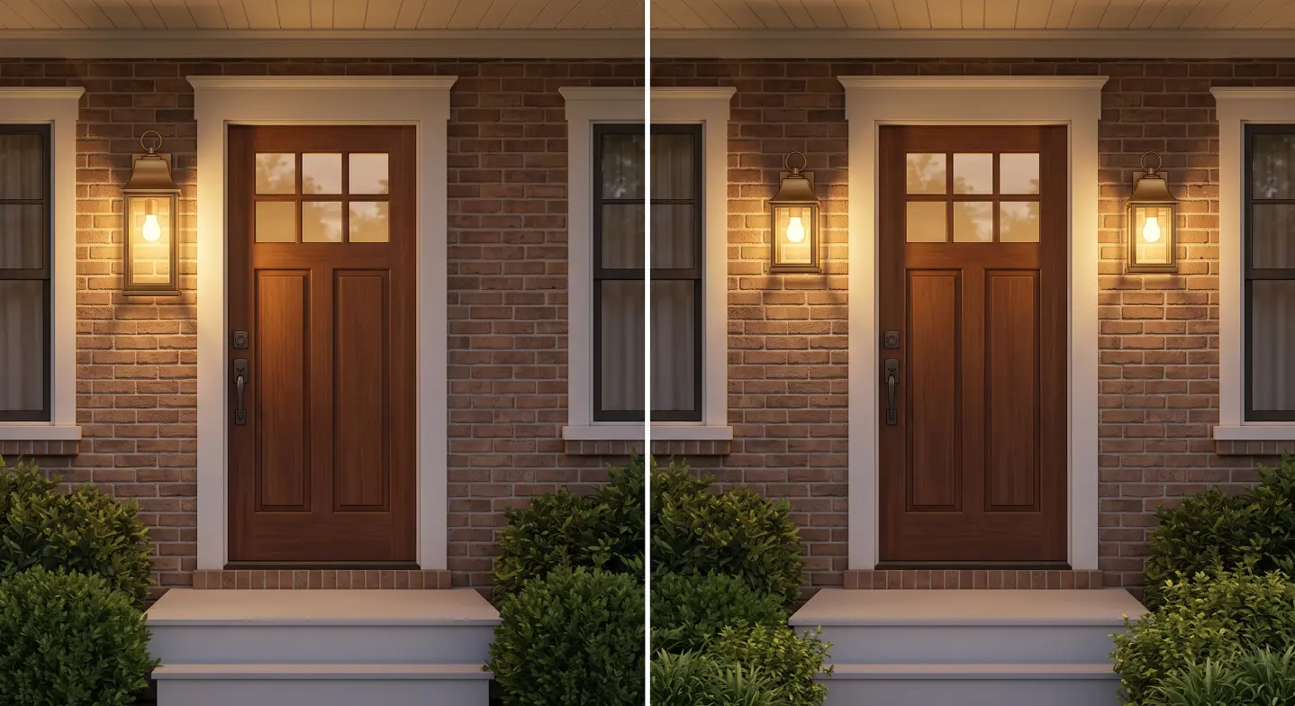 Outdoor front porch sconces mounted beside a front door at proper height and scale