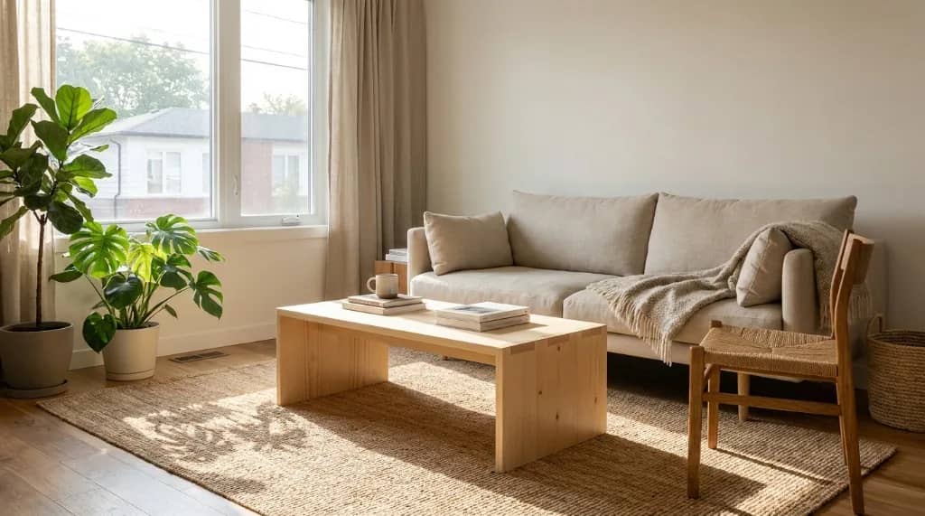 Bright living room styled with an affordable solid pine coffee table, linen sofa, and natural jute rug
