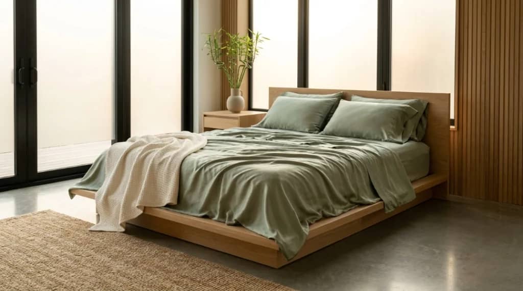 are bamboo sheets sustainable - organic bamboo lyocell bedding in a modern minimalist bedroom