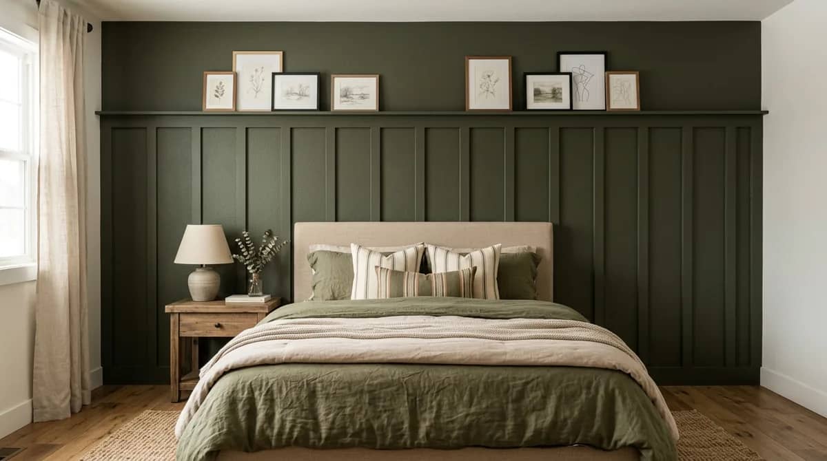 DIY board and batten spacing calculator accent wall in dark olive green with evenly spaced 15-inch vertical battens