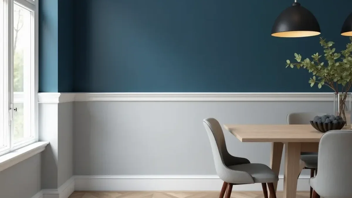 Two-tone dining room wall with crisp white chair rail moulding installed at one-third height dividing blue and gray paint