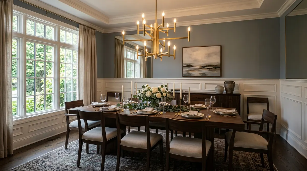 Sculptural brushed brass tiered chandelier hanging 34 inches above walnut dining table in elegant dining room