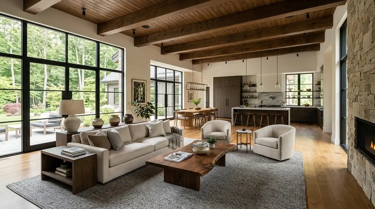 conversation zones in open plan living room with floating sofa, console table, and textured wool rug