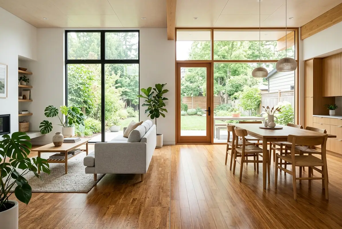 cork flooring vs bamboo flooring - Contemporary open-concept interior comparing textured natural cork flooring with smooth strand-woven bamboo planks