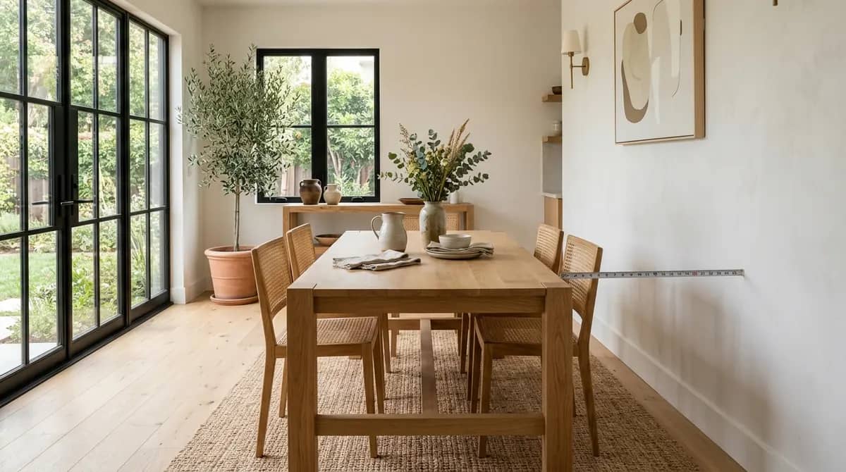 Natural oak dining room table clearance distance from wall with 42 inches of perimeter walkway and woven cane chairs