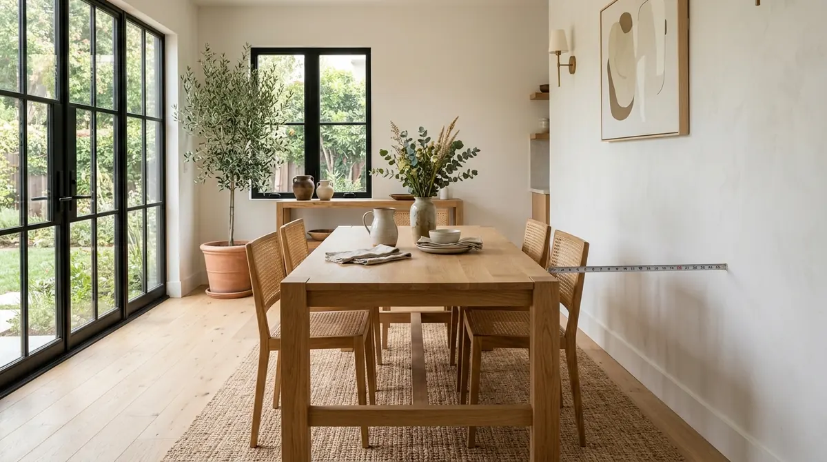 Natural oak dining room table clearance distance from wall with 42 inches of perimeter walkway and woven cane chairs