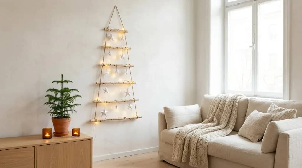Eco-friendly Christmas decorations styled in a Scandinavian small apartment living room with wall dowel tree and potted Norfolk pine