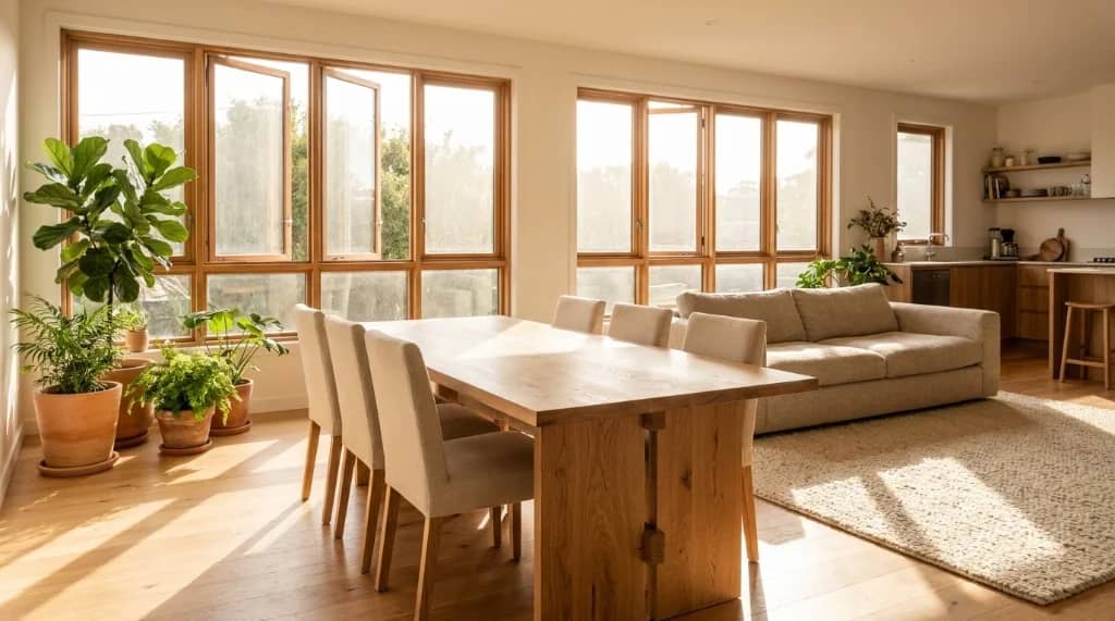 Eco friendly products for the home styled in an open, light-filled sustainable apartment with natural wood dining table and linen sofa
