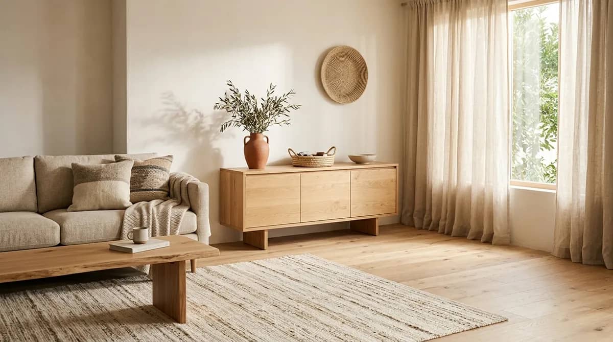 Sunlit modern living room styled with fair trade handcrafted wool flatweave rug artisan terracotta vase and sweetgrass basket on white oak credenza