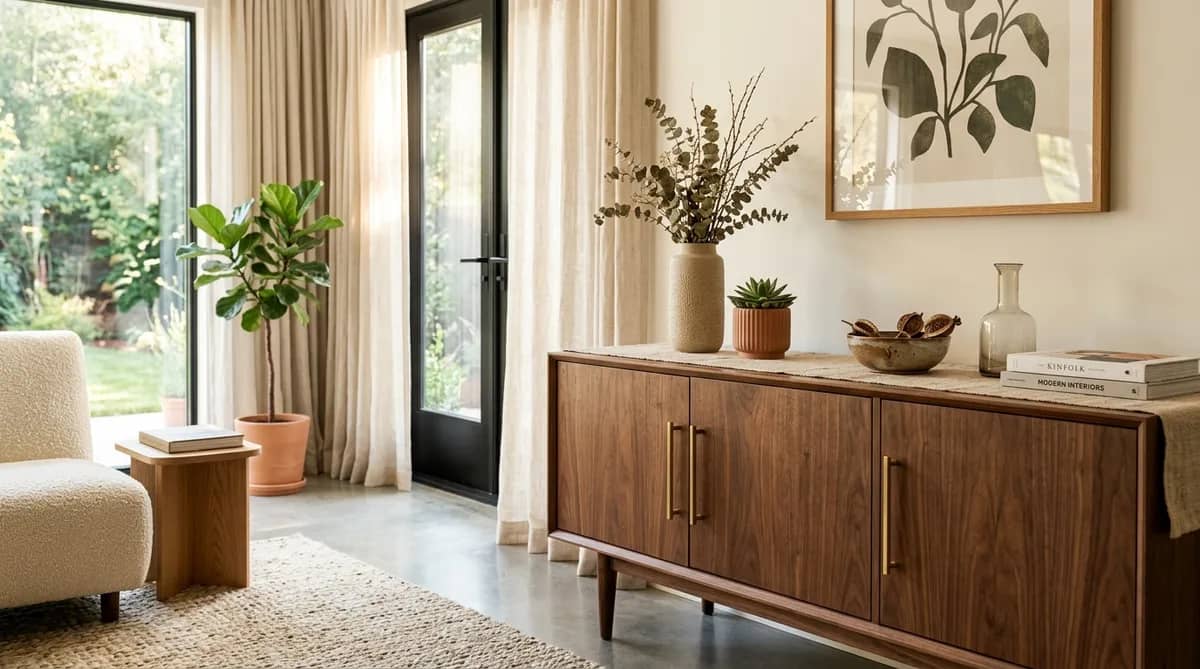 Restored mid century vintage walnut credenza with solid brass hardware in modern organic living room