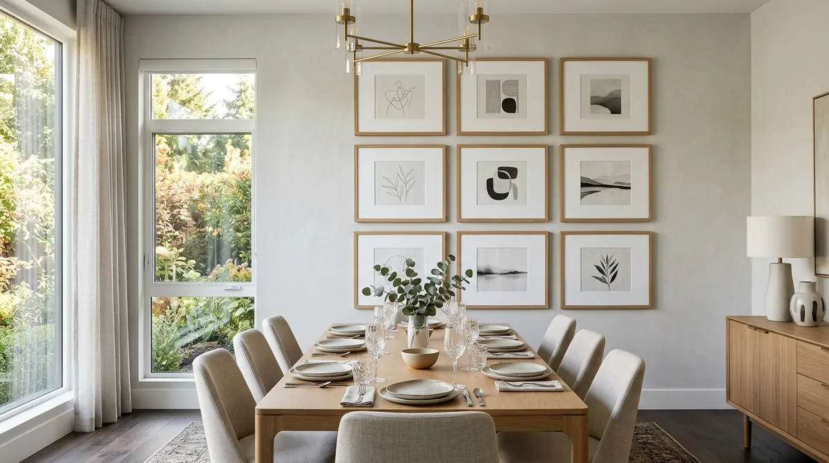Symmetrical grid gallery wall spacing showing matching oak frames hung with 2.5 inch gaps over a credenza