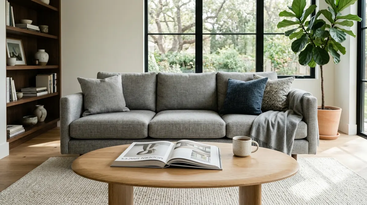How far should coffee table be from couch illustrated with modern sofa and oval table placed 18 inches apart on wool area rug