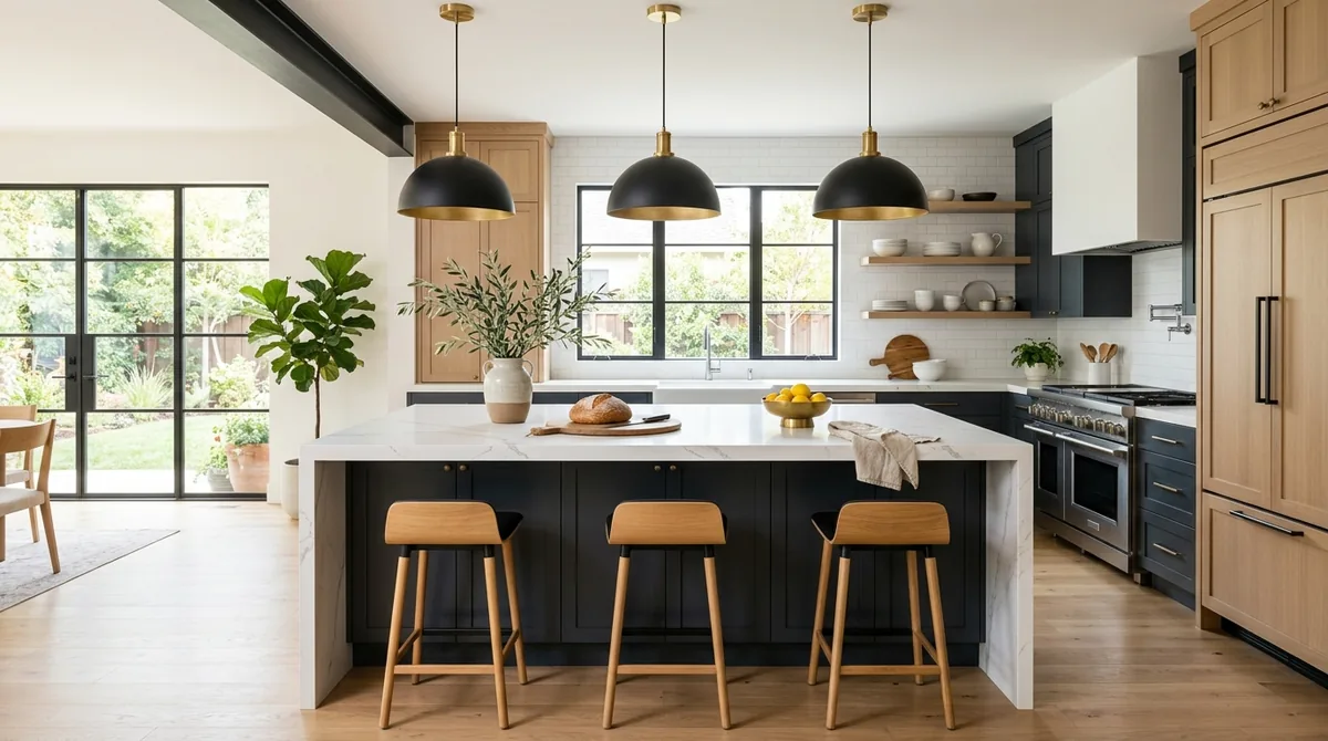 Three matte black and brass dome pendant lights hanging 32 inches above a white quartz kitchen island