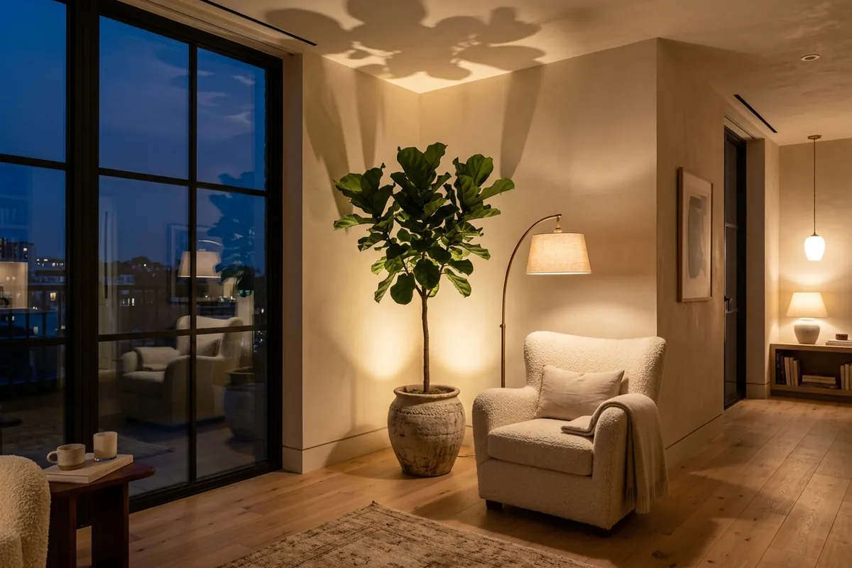 how to fix dark corner in a room - Contemporary living room corner illuminated with indoor plant uplighting and a brass arc floor lamp beside an armchair