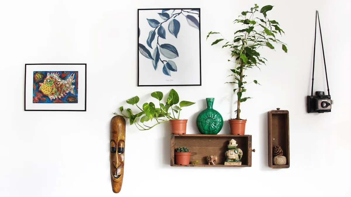 Restored historic interior living room with framed pictures hung cleanly on historic plaster walls