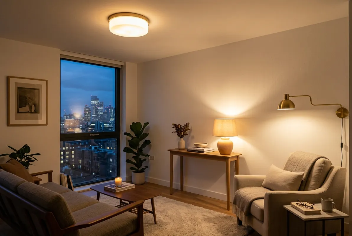 how to layer lighting small living room - Cozy small living room at twilight featuring layered ambient ceiling lighting, wall sconce, and warm table lamp
