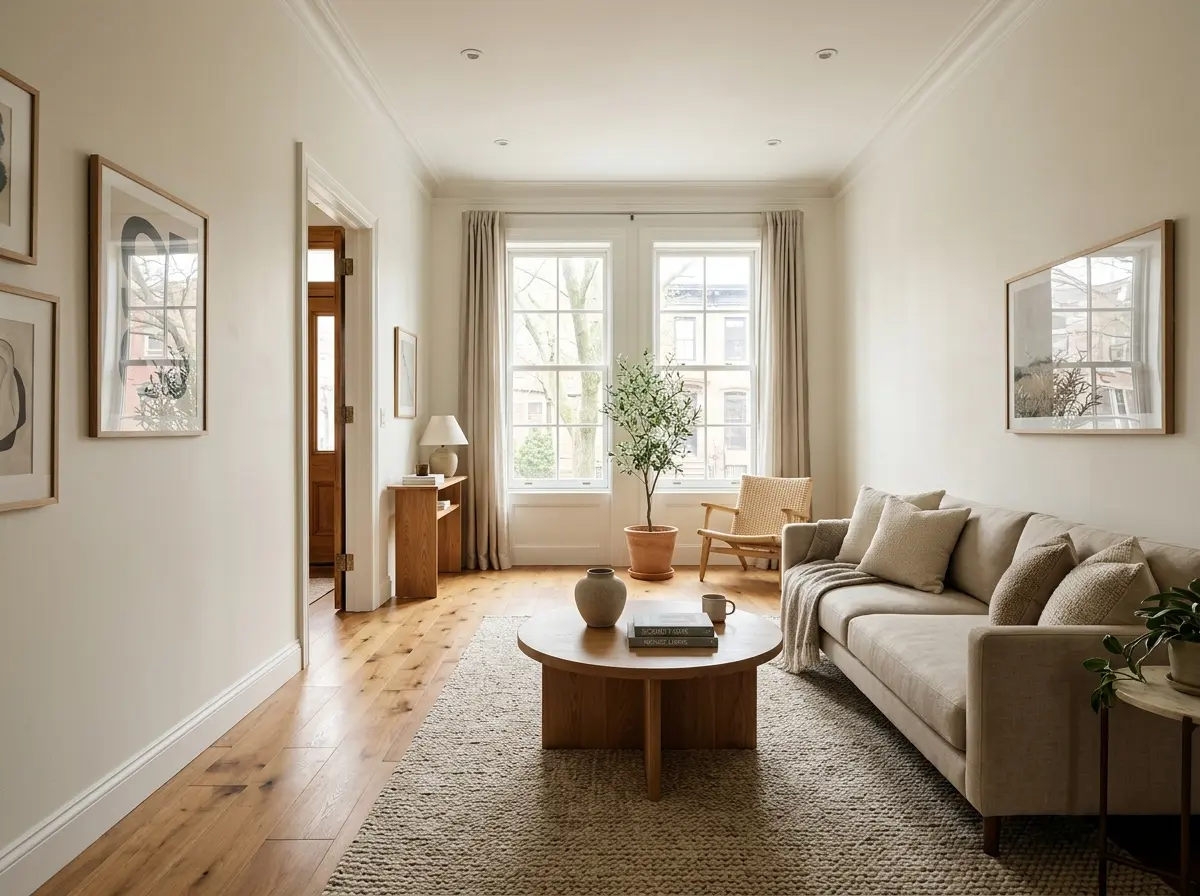 furniture arrangement long narrow living room - Elongated 11-foot wide townhouse living room featuring a floating low-profile sofa, round coffee table, and an unobstructed 36-inch walking corridor along the left wall