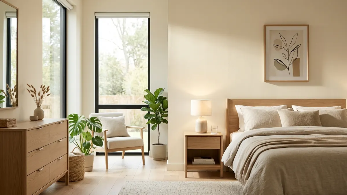 Serene bedroom with warm cream walls in eggshell finish with high light reflectance value reflecting natural daylight across white oak furniture