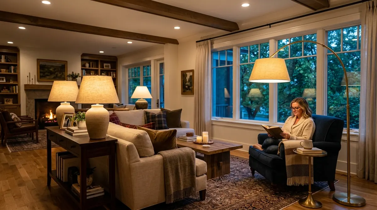 Warm layered living room at dusk with recessed downlights, arched floor lamp, and ceramic table lamps casting balanced light