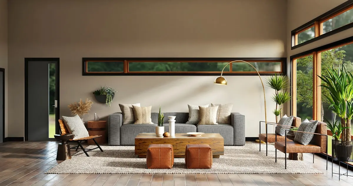 Bright serene neutral living room with textured plaster relief artwork and generous open negative space