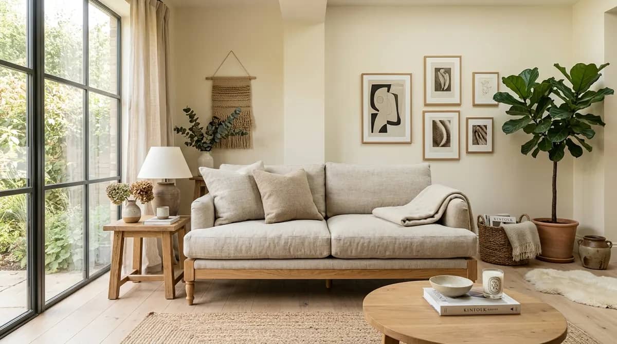 Modern natural home decor living room featuring an unbleached linen sofa, solid reclaimed wood coffee table, textured rug, and architectural greenery
