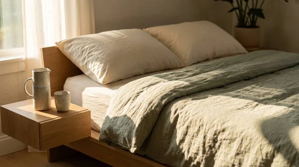 Organic bedroom styling with unbleached flax linen sheets, natural Dunlop latex pillow, and solid white oak platform bed