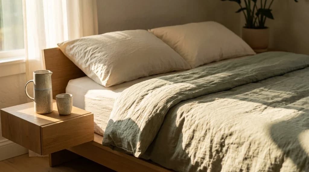 Organic bedroom styling with unbleached flax linen sheets, natural Dunlop latex pillow, and solid white oak platform bed
