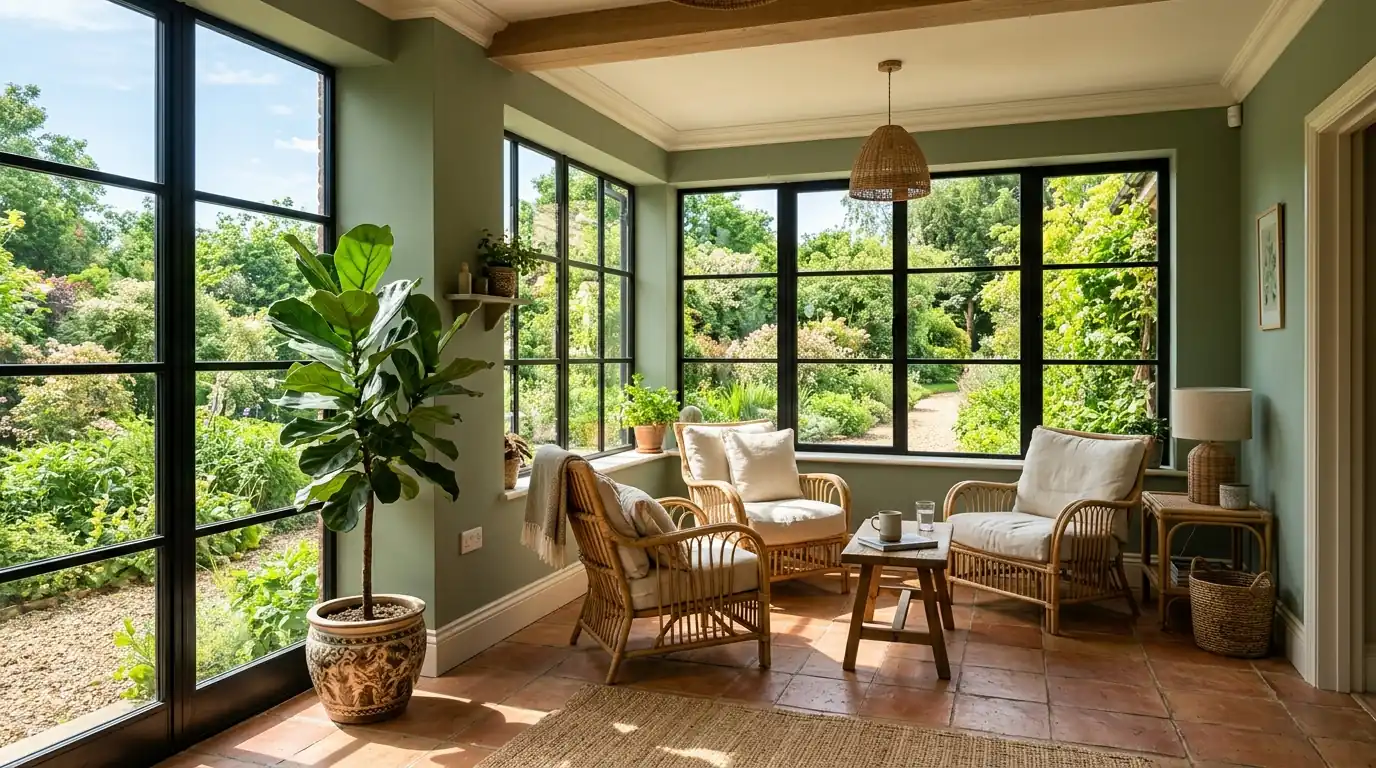 Bright sunroom featuring soft muted sage green walls, crisp off-white trim, large black-framed windows, and warm terracotta tile flooring with rattan furniture.