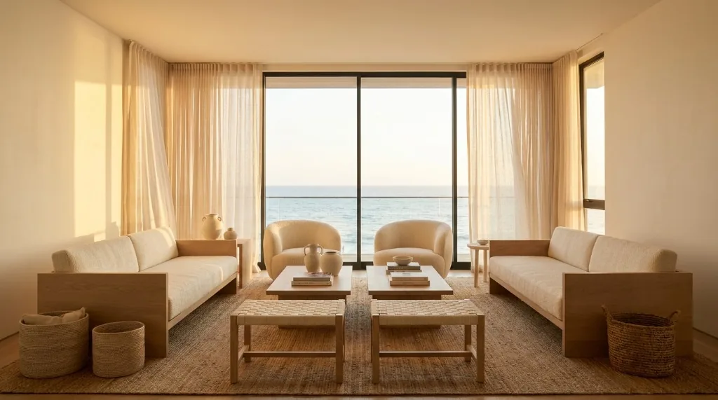 Warm off-white paint colors for west facing living room catching golden afternoon sun