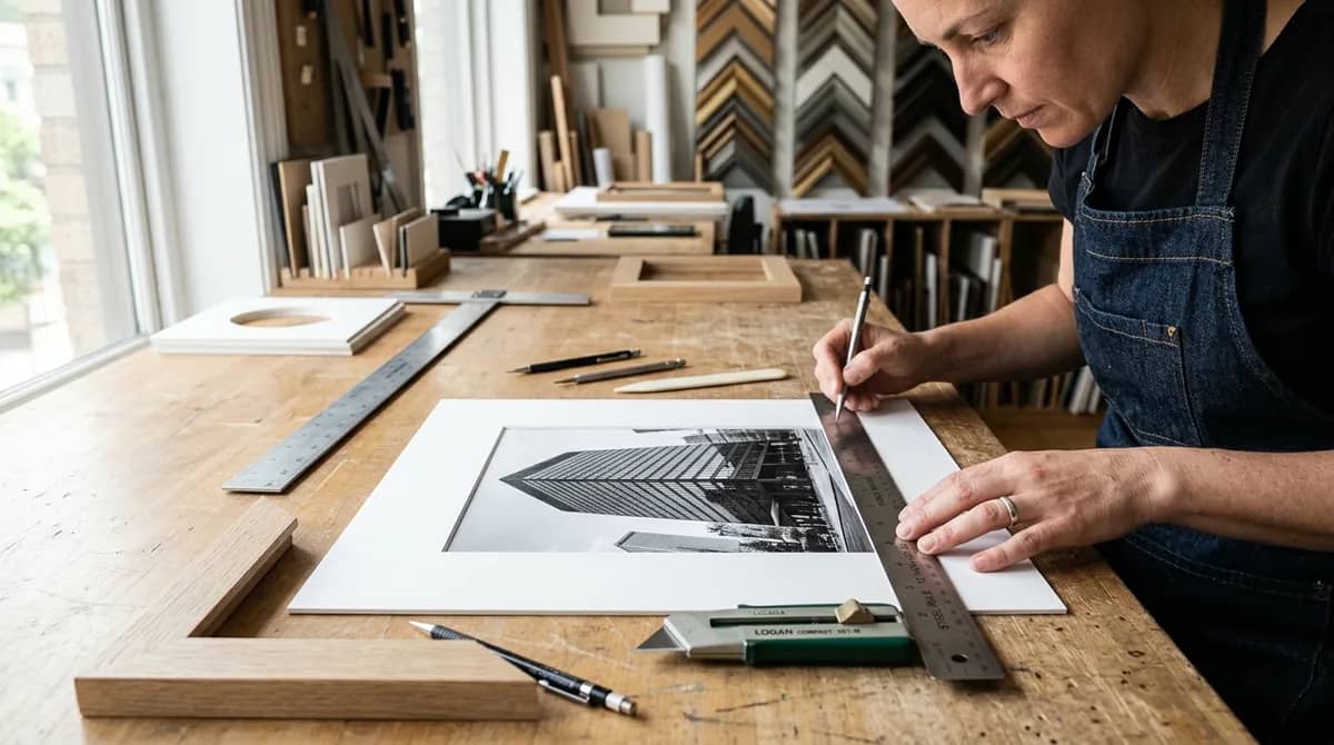 Measuring custom mat border dimensions and bevel window on fine art frame with picture frame mat size calculator tools