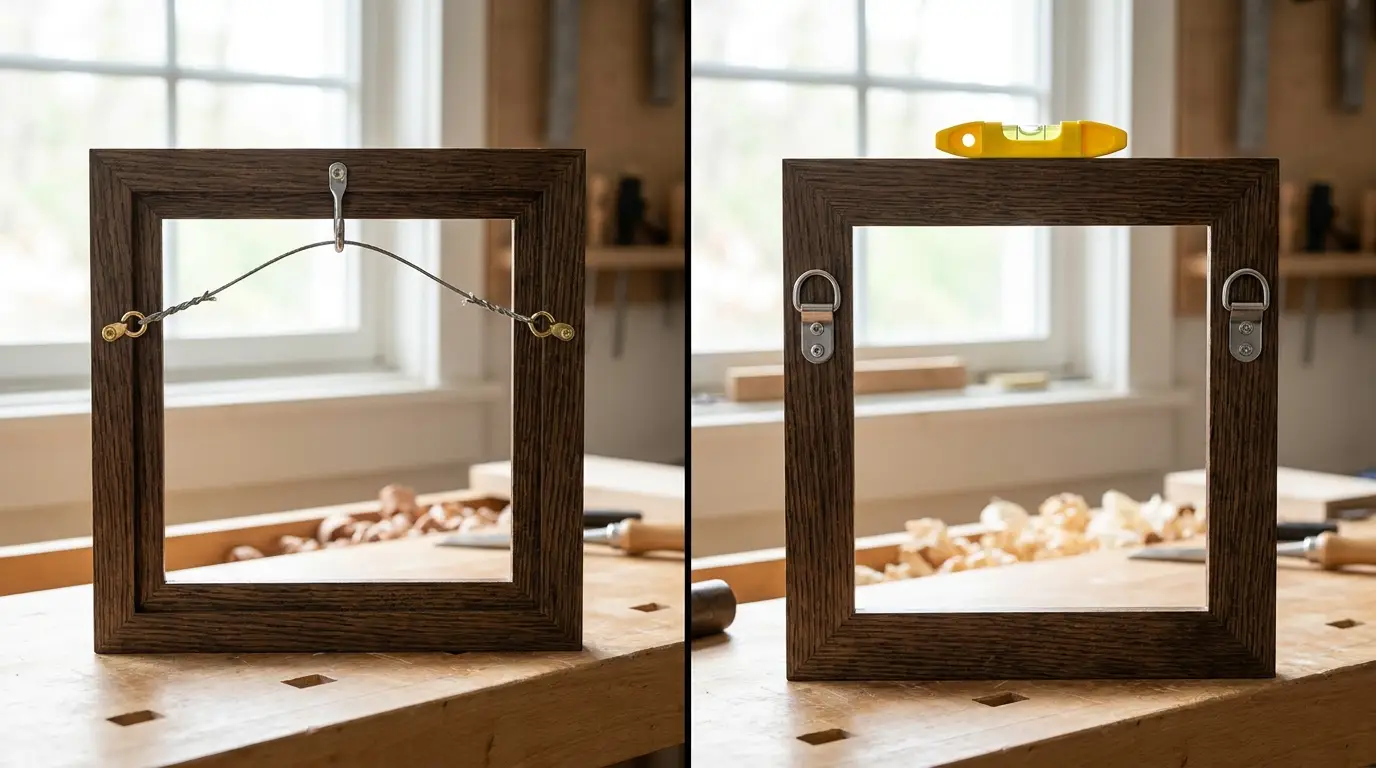 Side by side comparison of picture hanging wire sag versus dual D-rings on the back of wooden picture frames