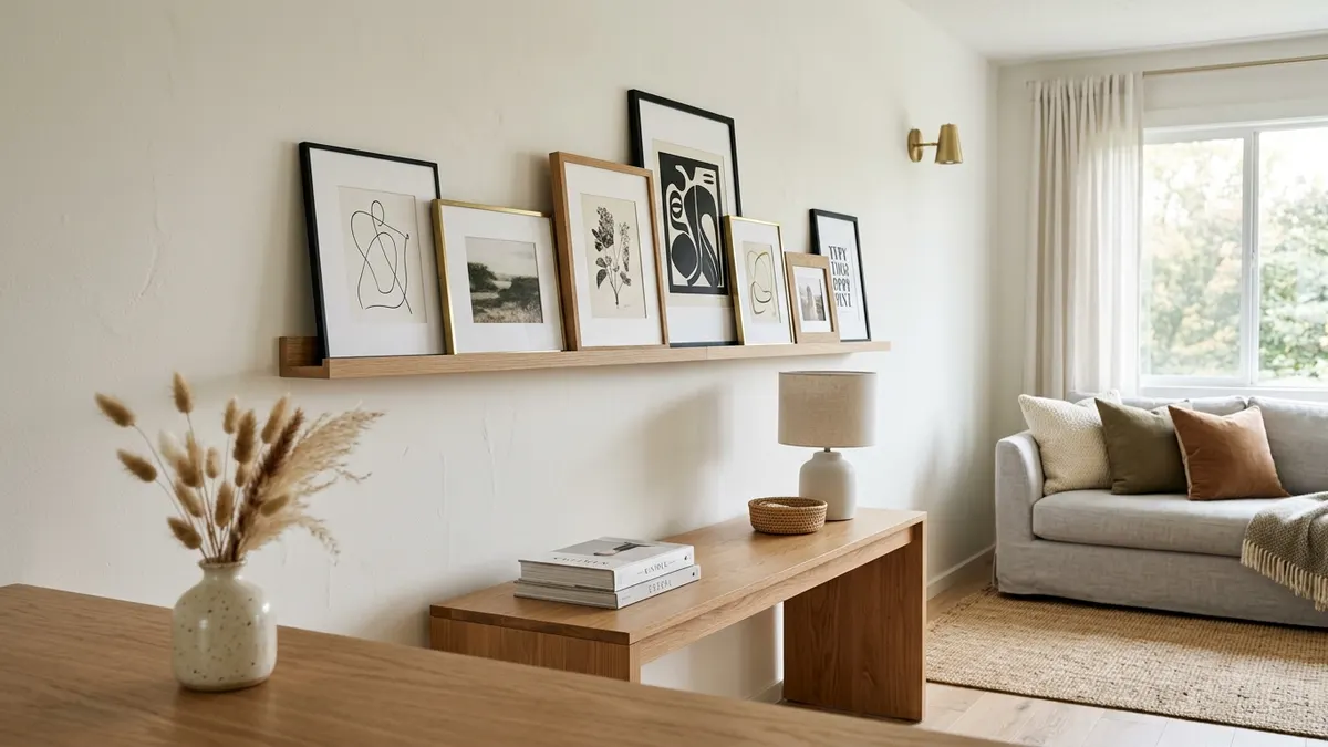 Scandinavian living room featuring a four foot white oak picture ledge with layered framed art in black and oak frames above a console table