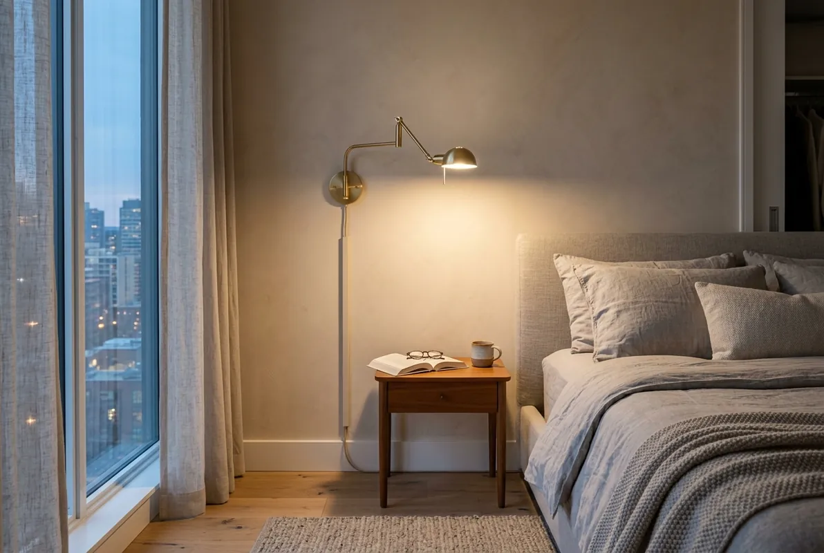 plug-in wall sconces for rentals - Modern brass swing-arm wall sconce mounted beside a bed with paintable cord cover in a rental apartment