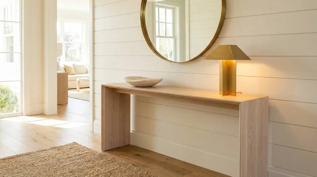 Slim solid white oak console table in a bright luxury entryway with round brass mirror