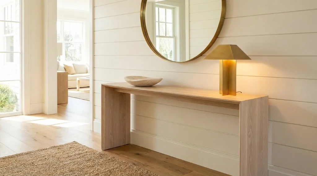 Slim solid white oak console table in a bright luxury entryway with round brass mirror